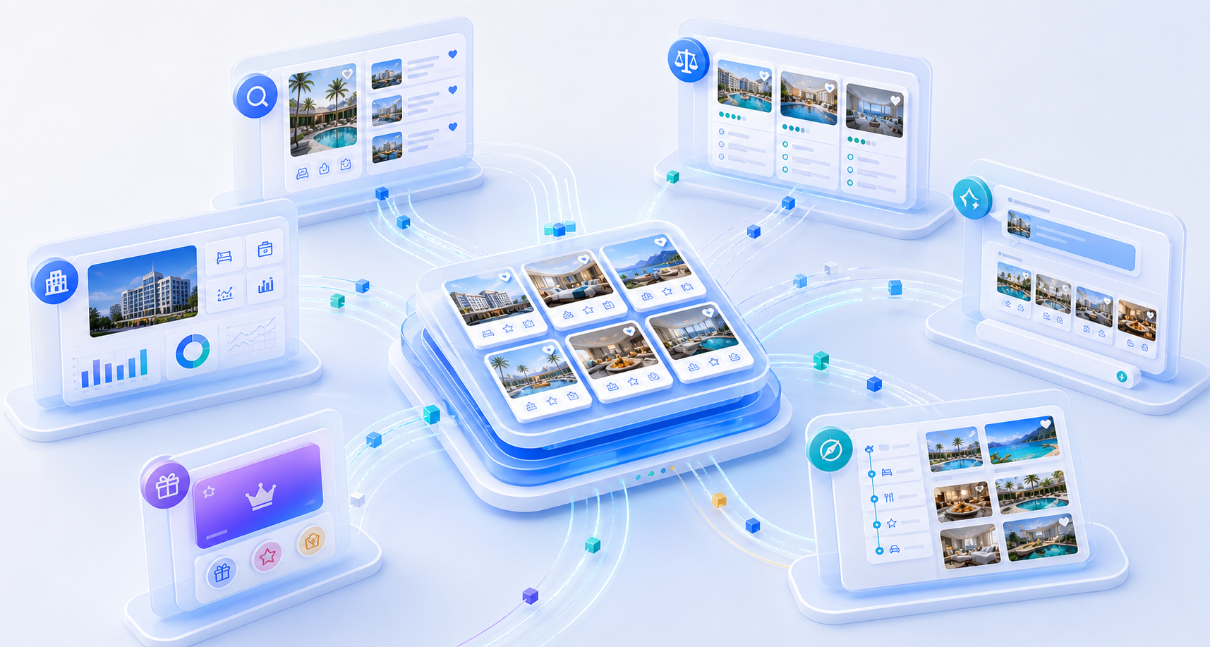 One structured hotel experience inventory hub powering different partner surfaces for marketplaces, metasearch, AI travel, loyalty, hotel groups, and advisors.