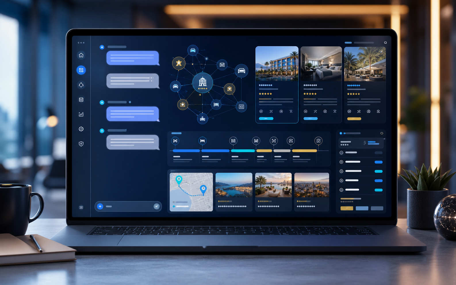 AI travel product interface connecting hotel experience records, itinerary modules, citations, and recommendations.