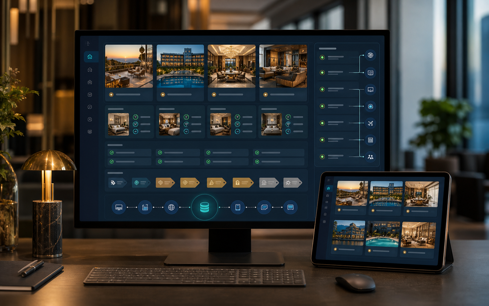 Hotel group portfolio dashboard normalizing property offers into taxonomy, quality checks, and distribution channels.