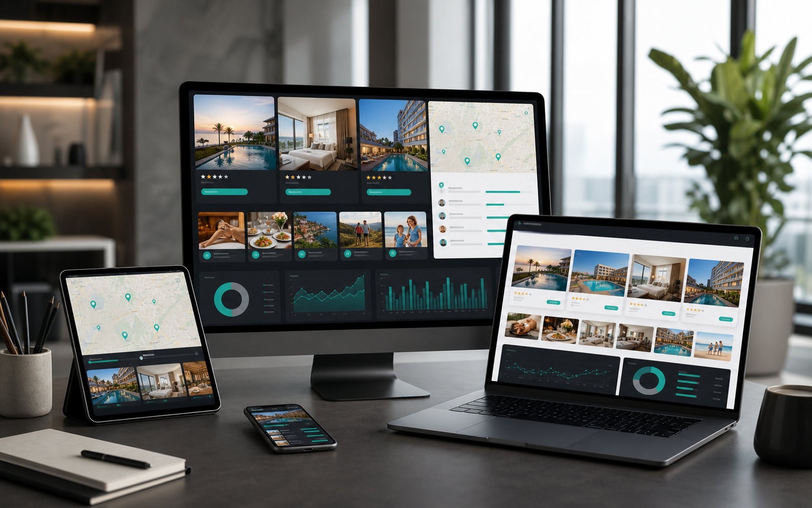 Review and metasearch platform dashboards comparing hotels with experience modules, maps, and recommendation signals.