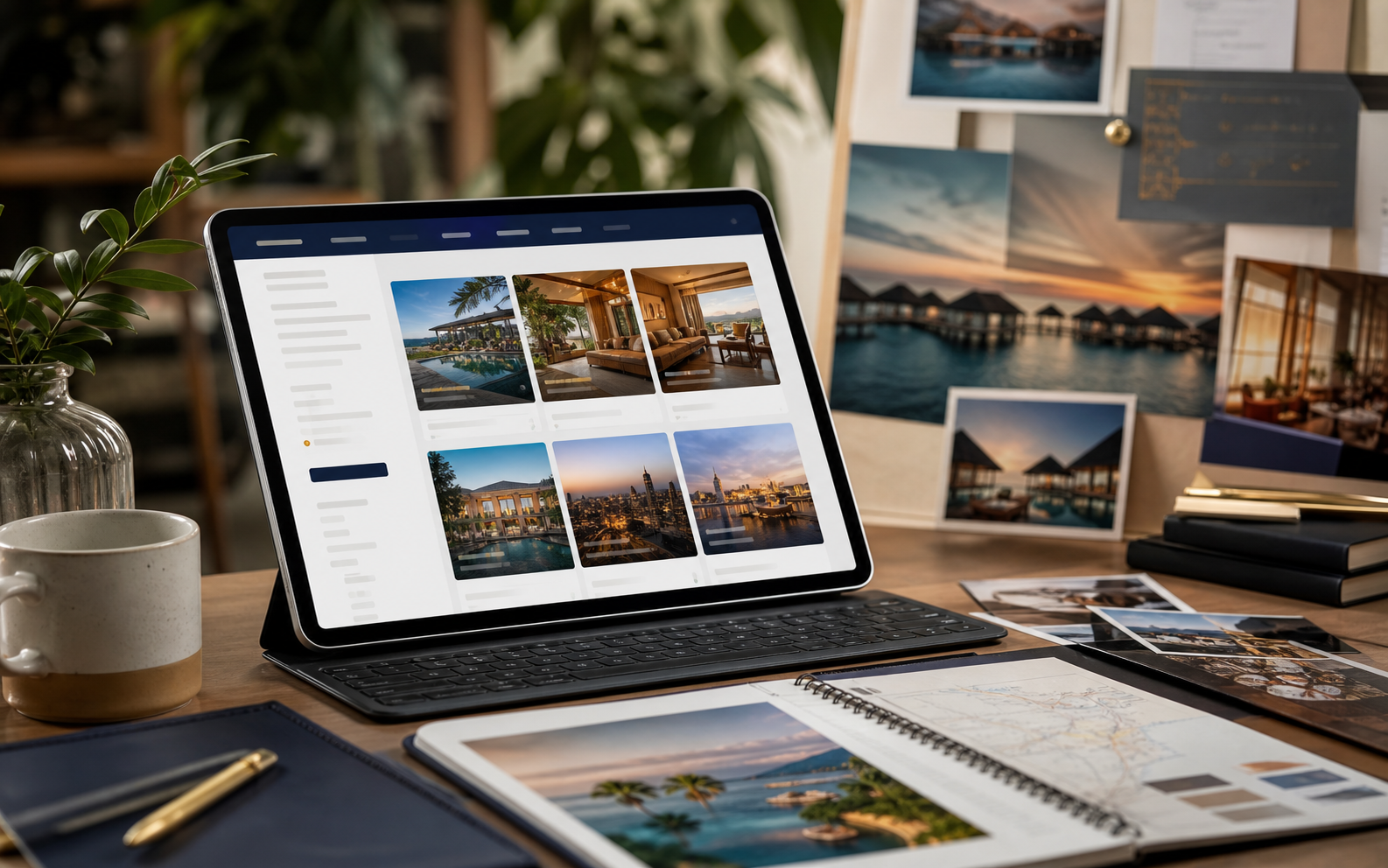 Travel advisor planning desk with curated hotel experience recommendations, itinerary ideas, and destination materials.