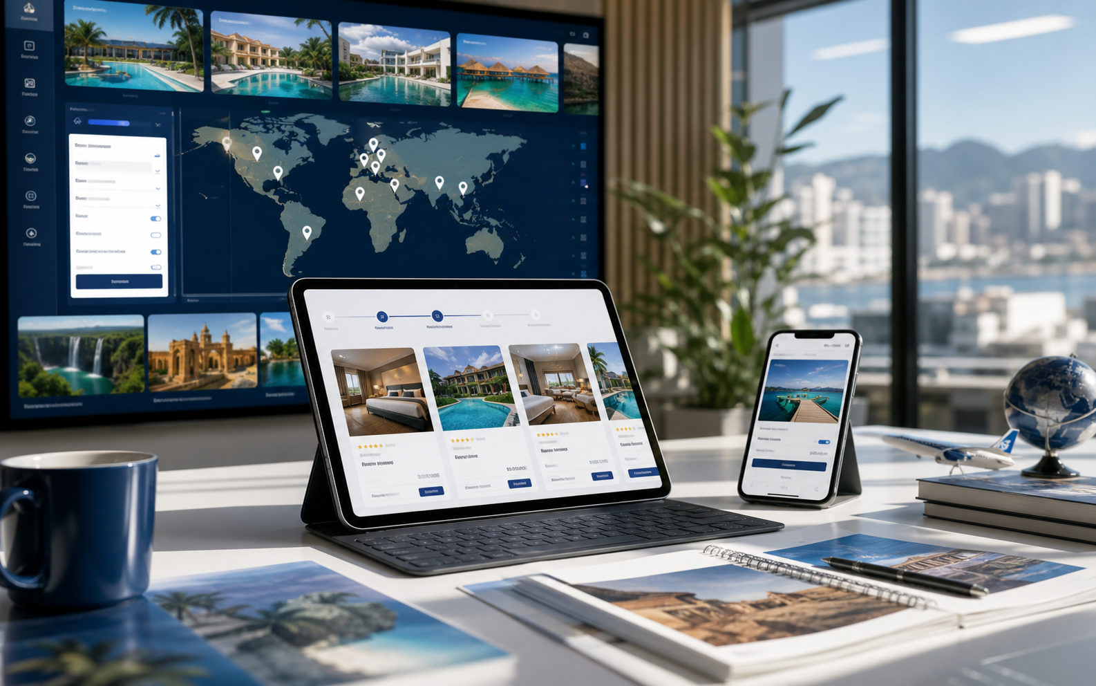 Travel marketplace product surfaces showing destination hotel inventory, package cards, and map-based discovery.